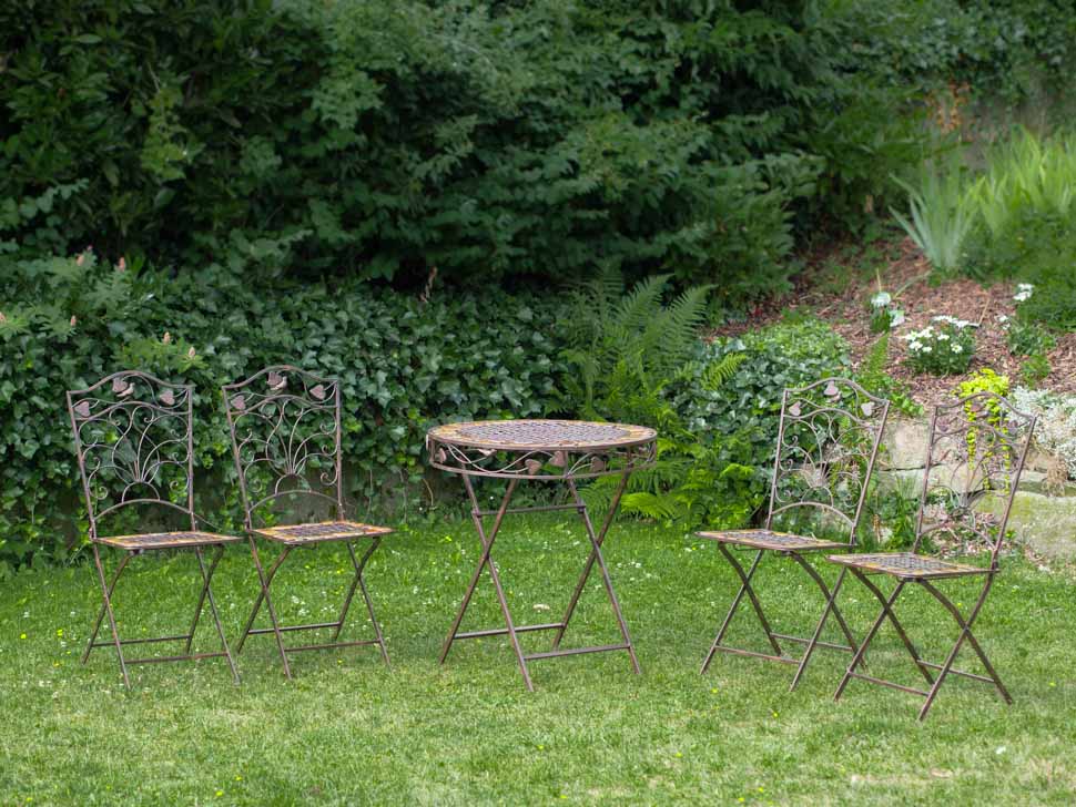 GARTENTISCH UND 4 STÜHLE EISEN SCHMIEDEEISEN ANTIK STIL GARTENMÖBEL BRAUN STEIN