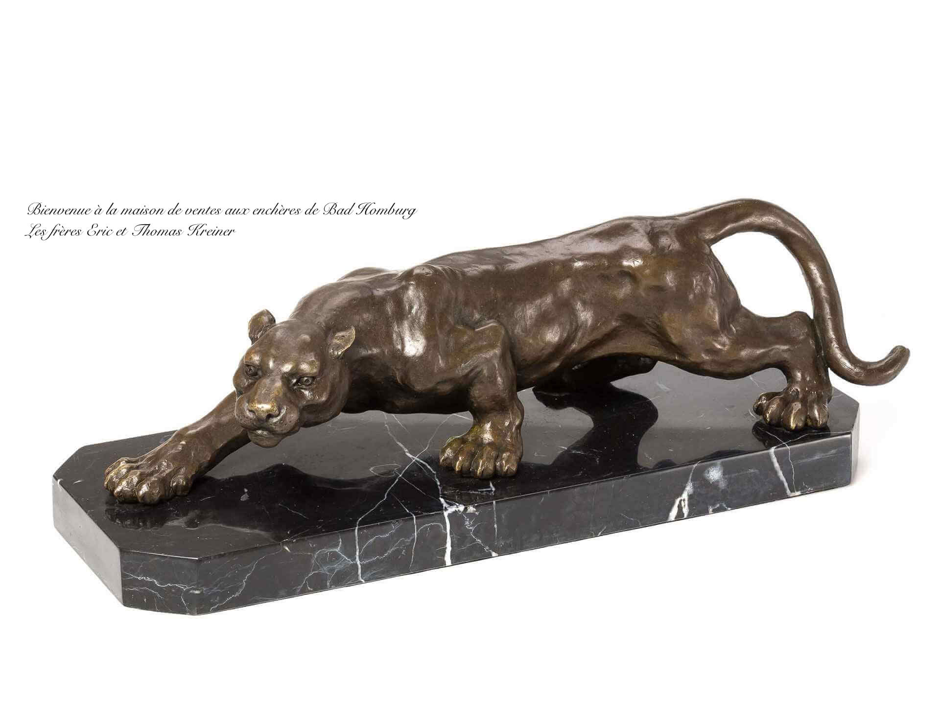 Bronze-Skulptur, Puma, Tierstatuette, Marmorplatte, Bronzeskulptur
