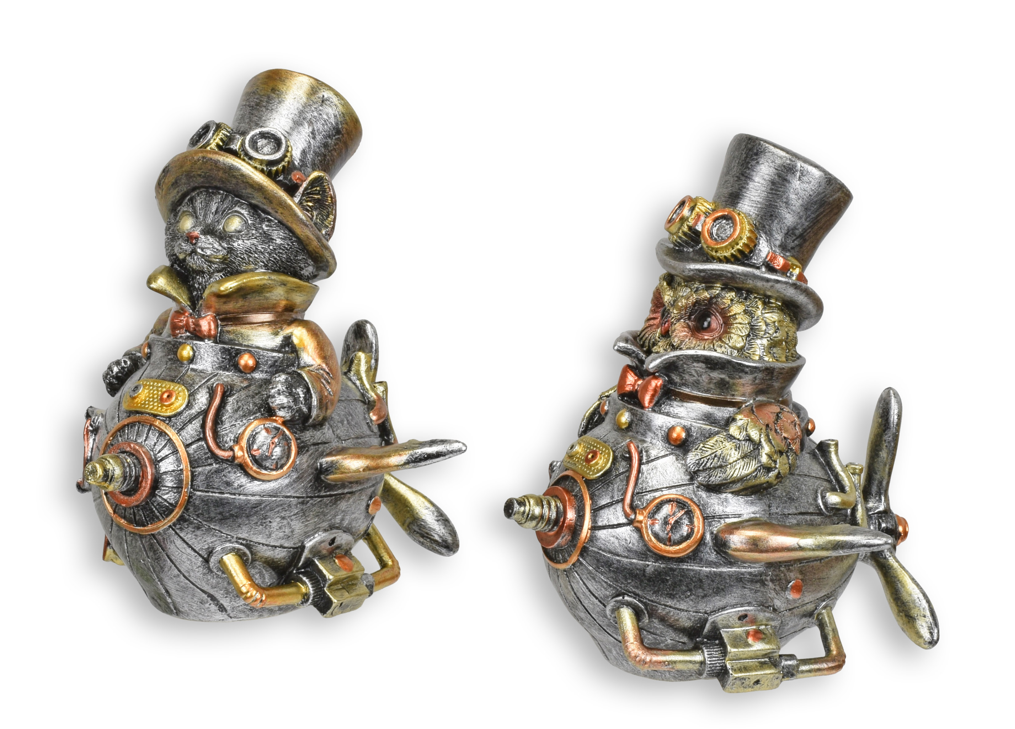 Une paire de figurines steampunk en résine représentant un hibou et un chat réplique design rétro décoration
