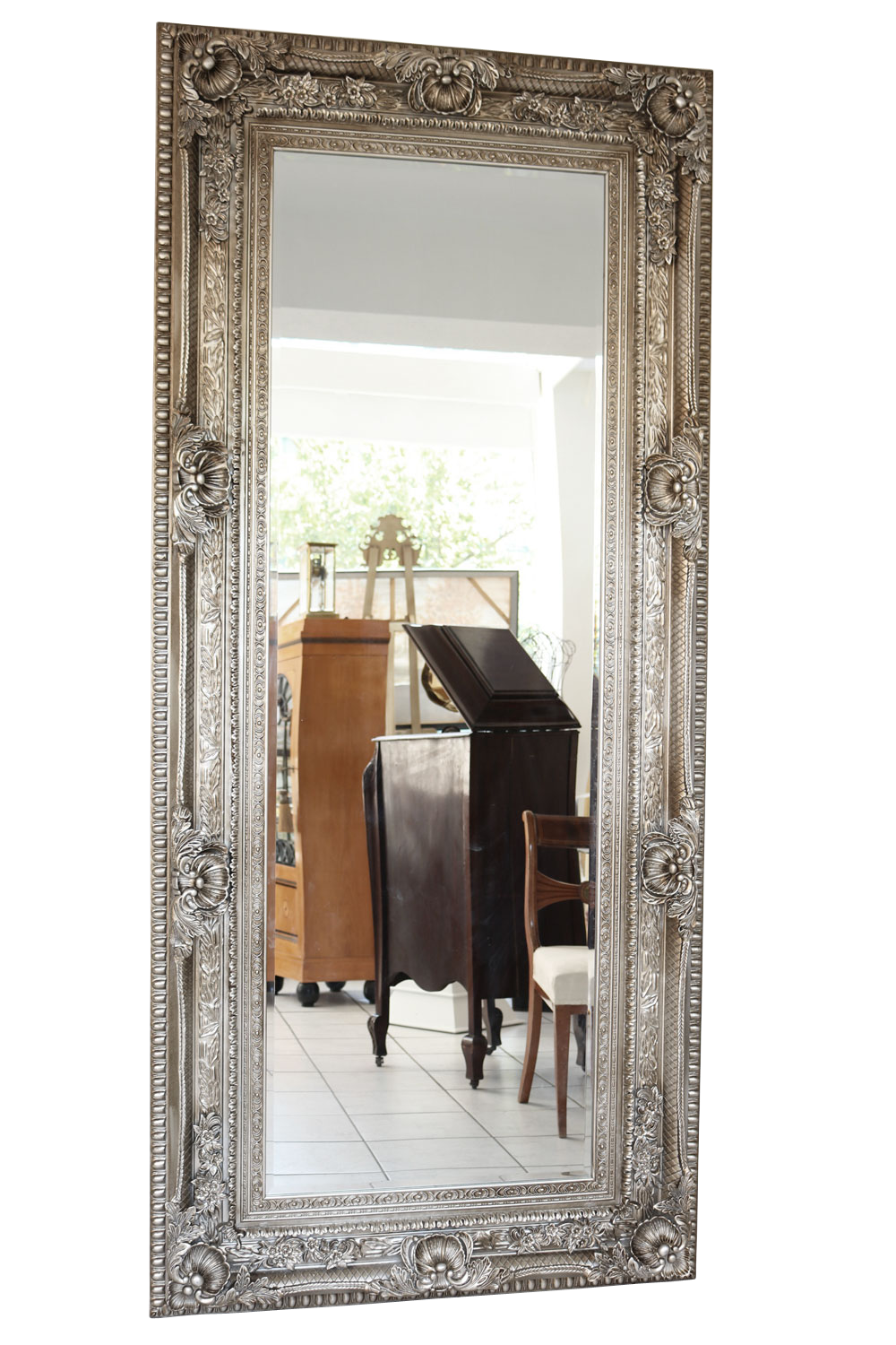 Spiegel Wandspiegel Antik-Stil Facettenschliff 219x98cm Farbe silber Holzrahmen