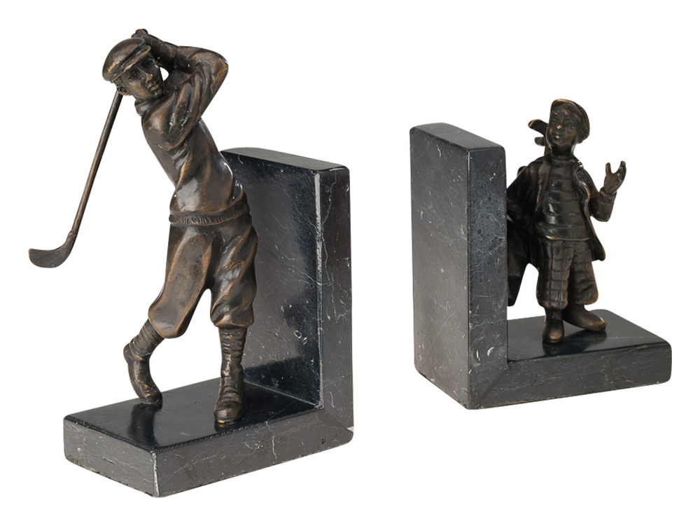 Paar Bronze Buchstützen Golf Buchstütze Golfspieler Buch Antikstil bookend book