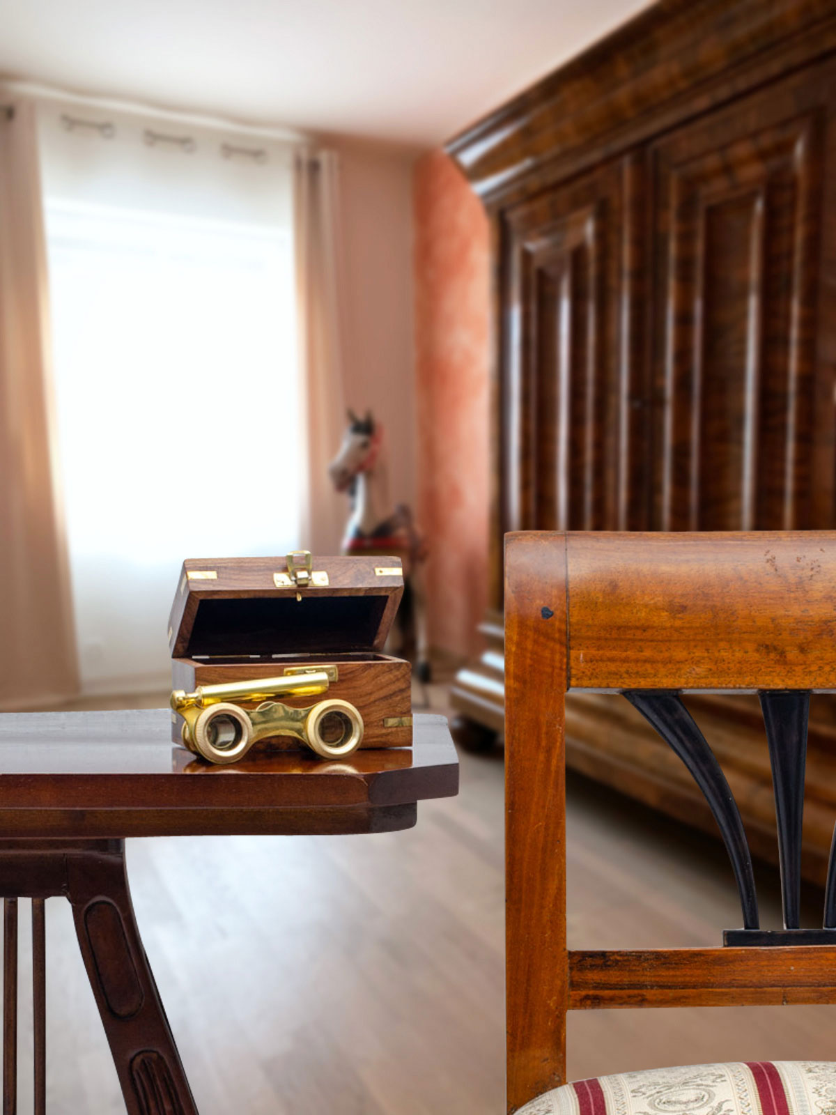 Opernglas mit Holzbox Fernglas Theaterglas Messing Antik-Stil 11cm