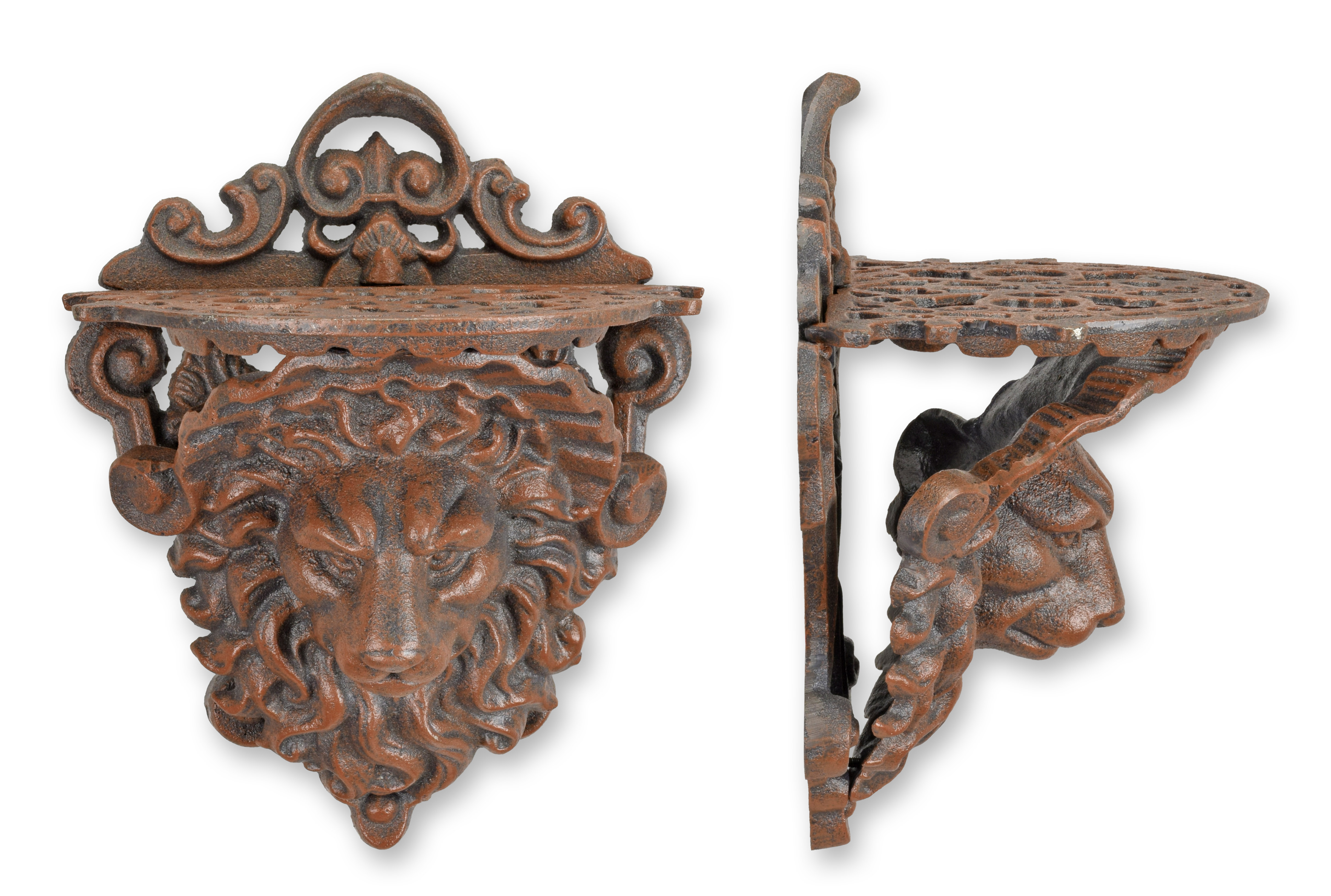 Console murale en fonte en forme de tête de lion - marron réplique design rétro décoration Bronze, Holz, Schwert, Kreuz, Gesicht