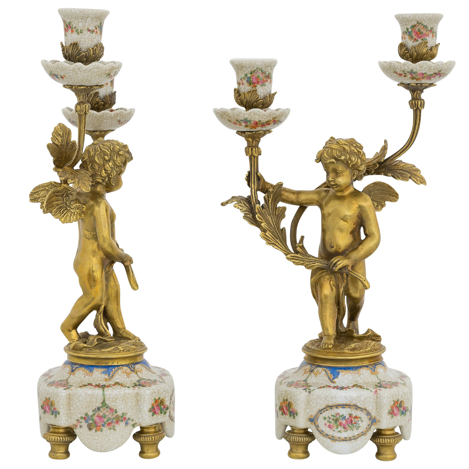 PT-198-2 Set 2-teilig Kerzenständer Porzellan Messing Engel Skulptur Antik-Stil 39cm