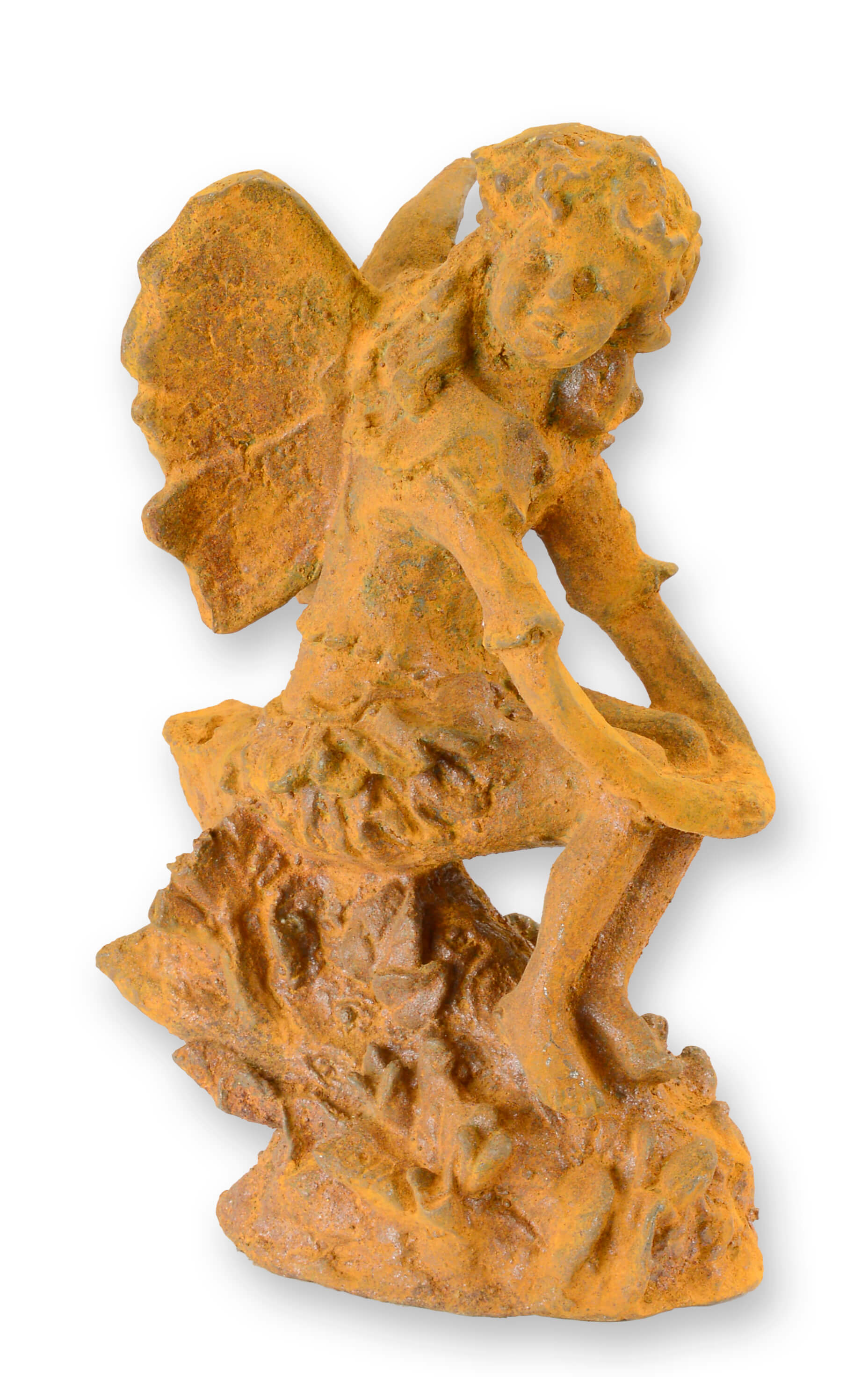 Une figurine en fonte rouillée représentant une fée assise réplique design rétro décoration