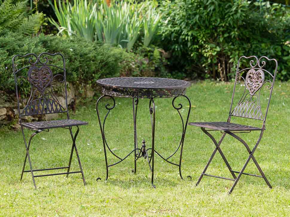 Gartentisch + 2x Stuhl Eisen Antik-Stil Bistromöbel Gartenmöbel braun