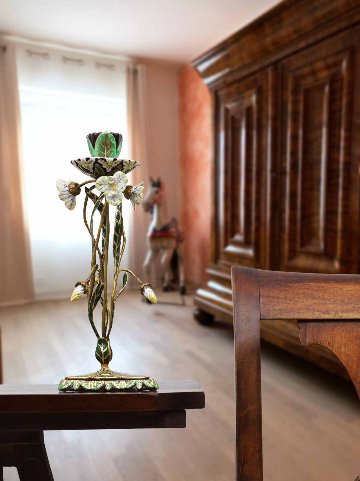 Kerzenständer Porzellan Messing Blume Rose Skulptur Antik-Stil 29cm