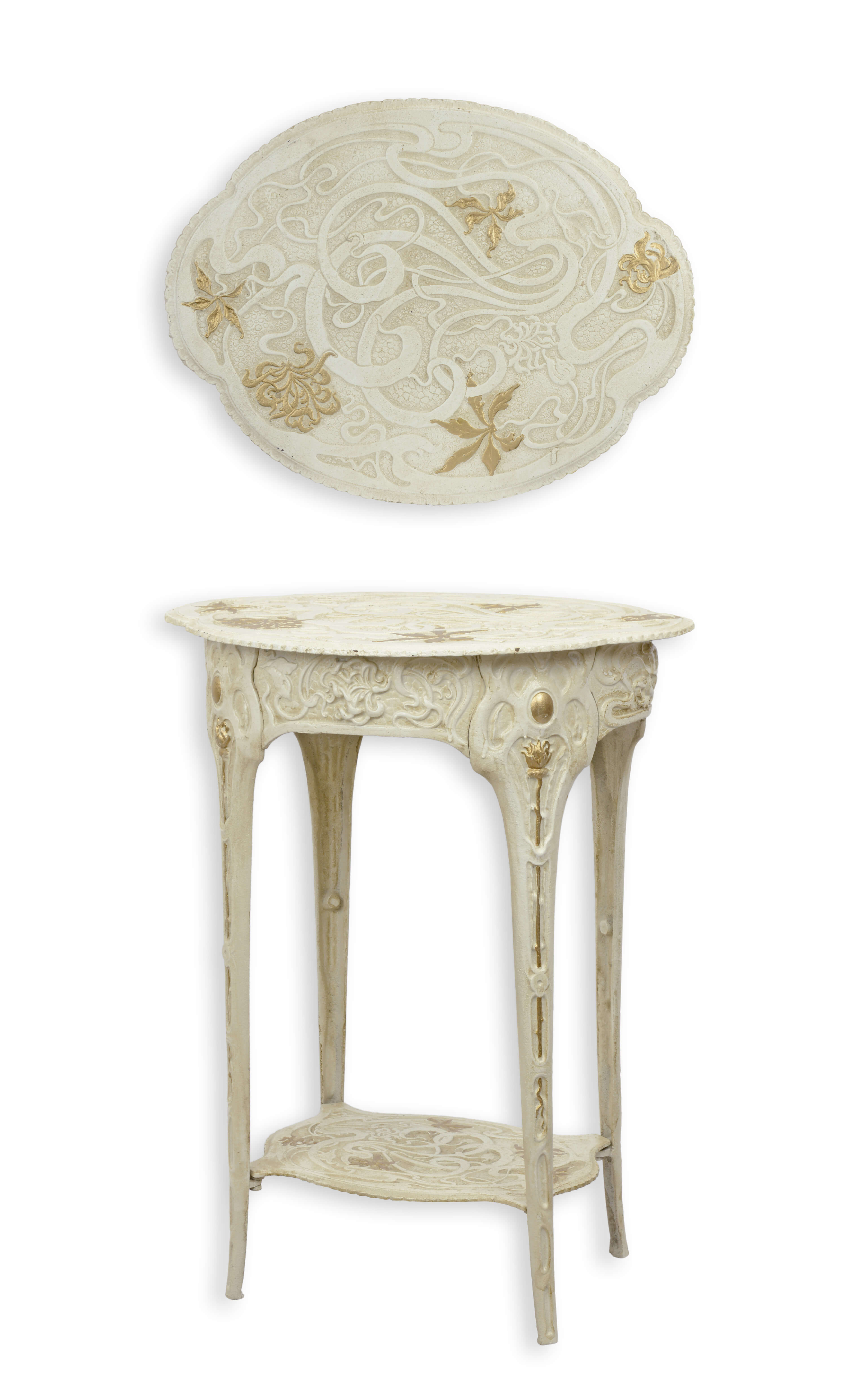 Seitentisch, aufwendige Schnitzerei, ovale Wandplatte, Vintage-Finish, Gotischer Stil