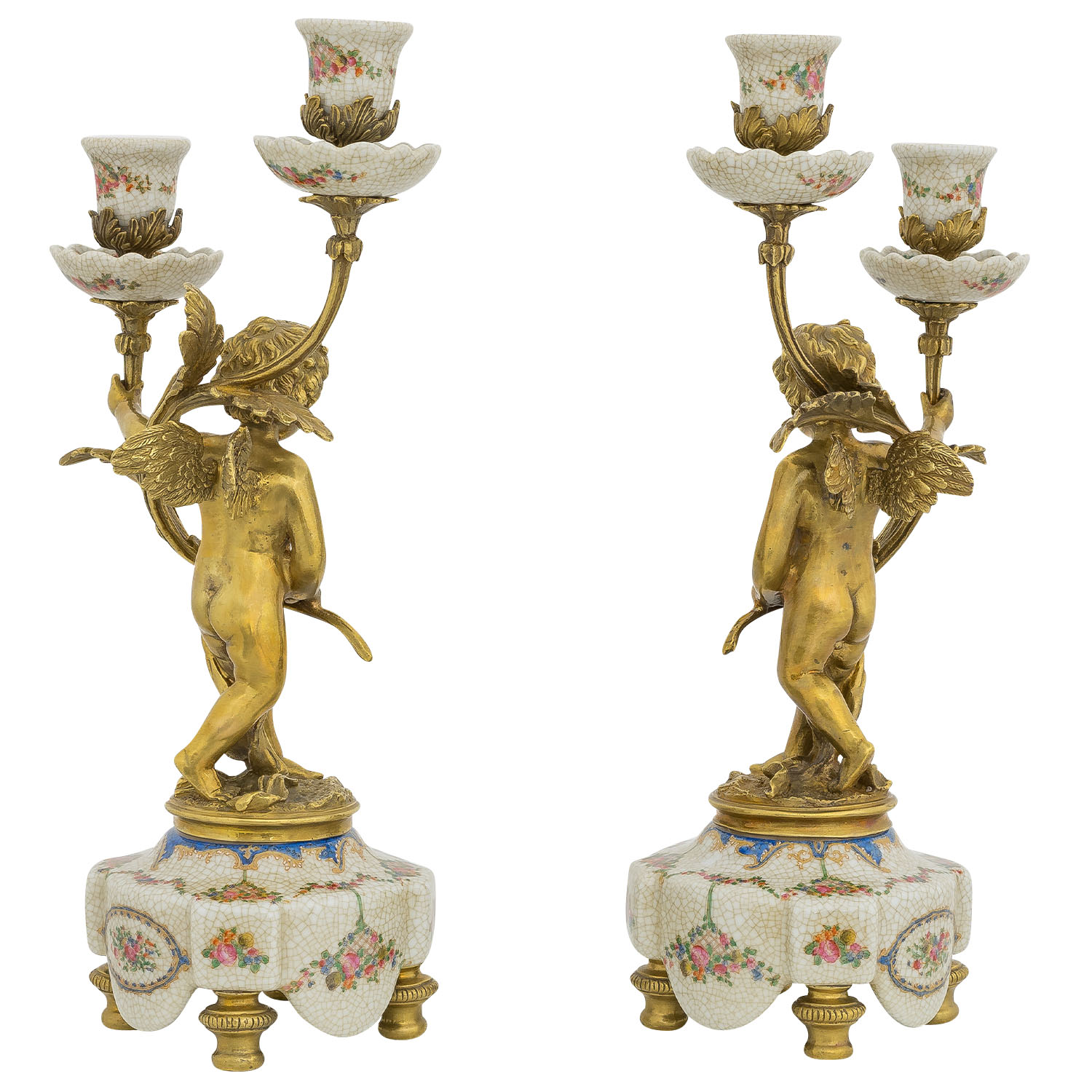 PT-198-5 Set 2-teilig Kerzenständer Porzellan Messing Engel Skulptur Antik-Stil 39cm