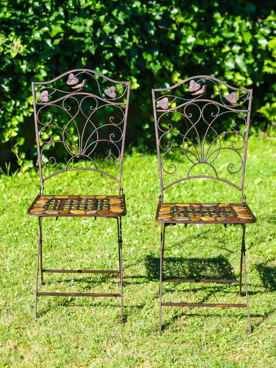 2x GARTENSTUHL PAAR STUHL BISTROSTUHL SCHMIEDEEISEN EISEN ANTIK STIL BRAUN STEIN