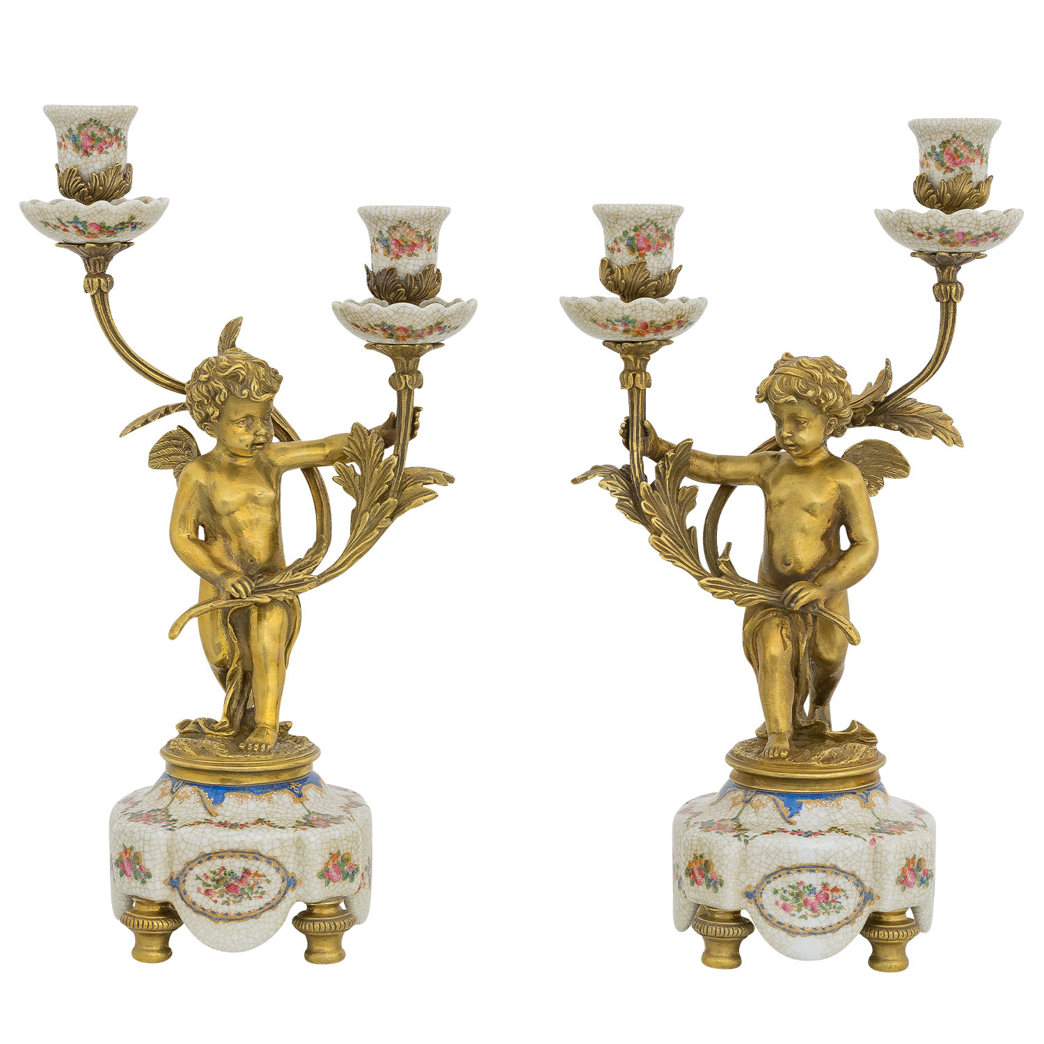 PT-198-1 Set 2-teilig Kerzenständer Porzellan Messing Engel Skulptur Antik-Stil 39cm