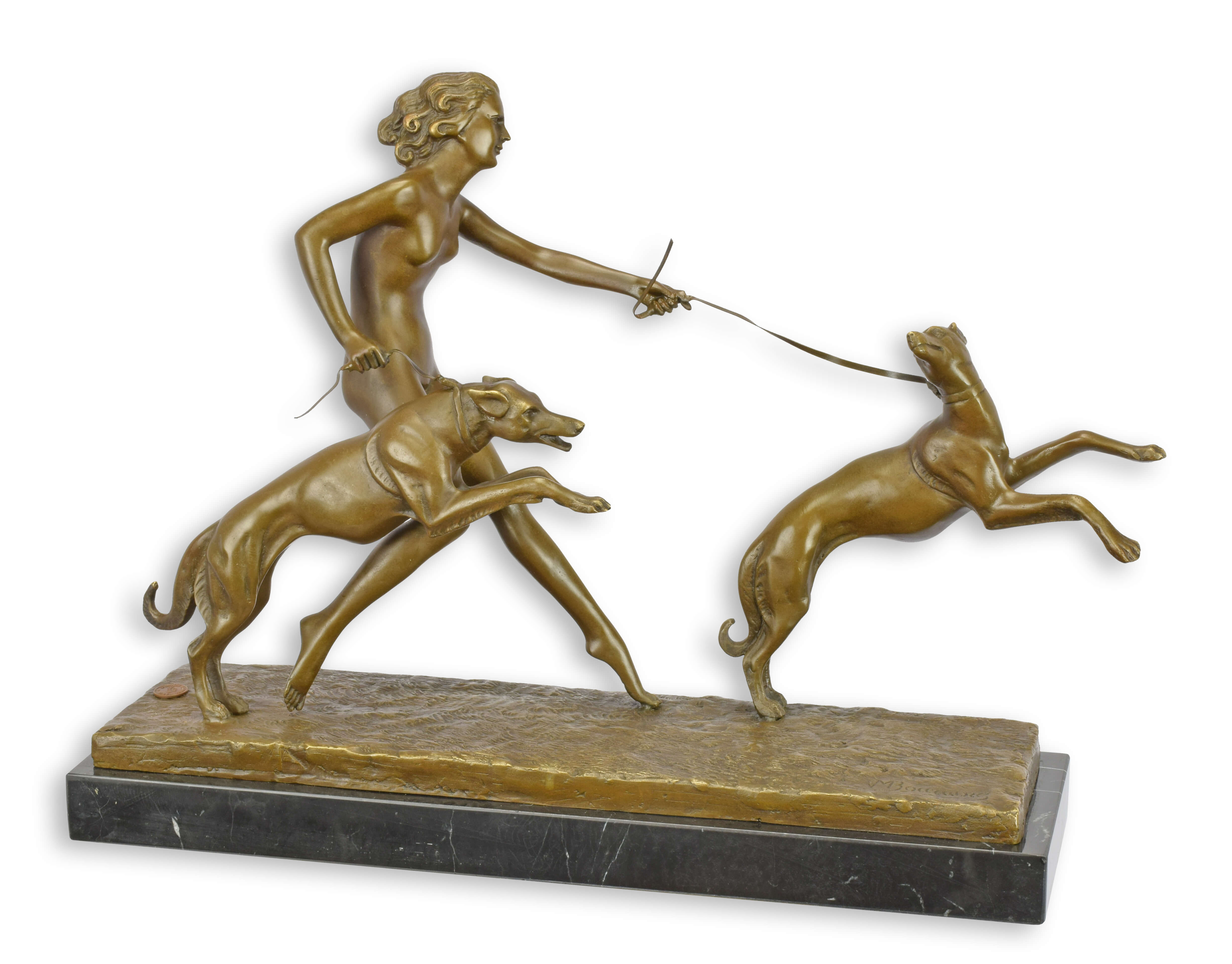 Sculpture en bronze femme chiens d'après Bouraine réplique design rétro décoration