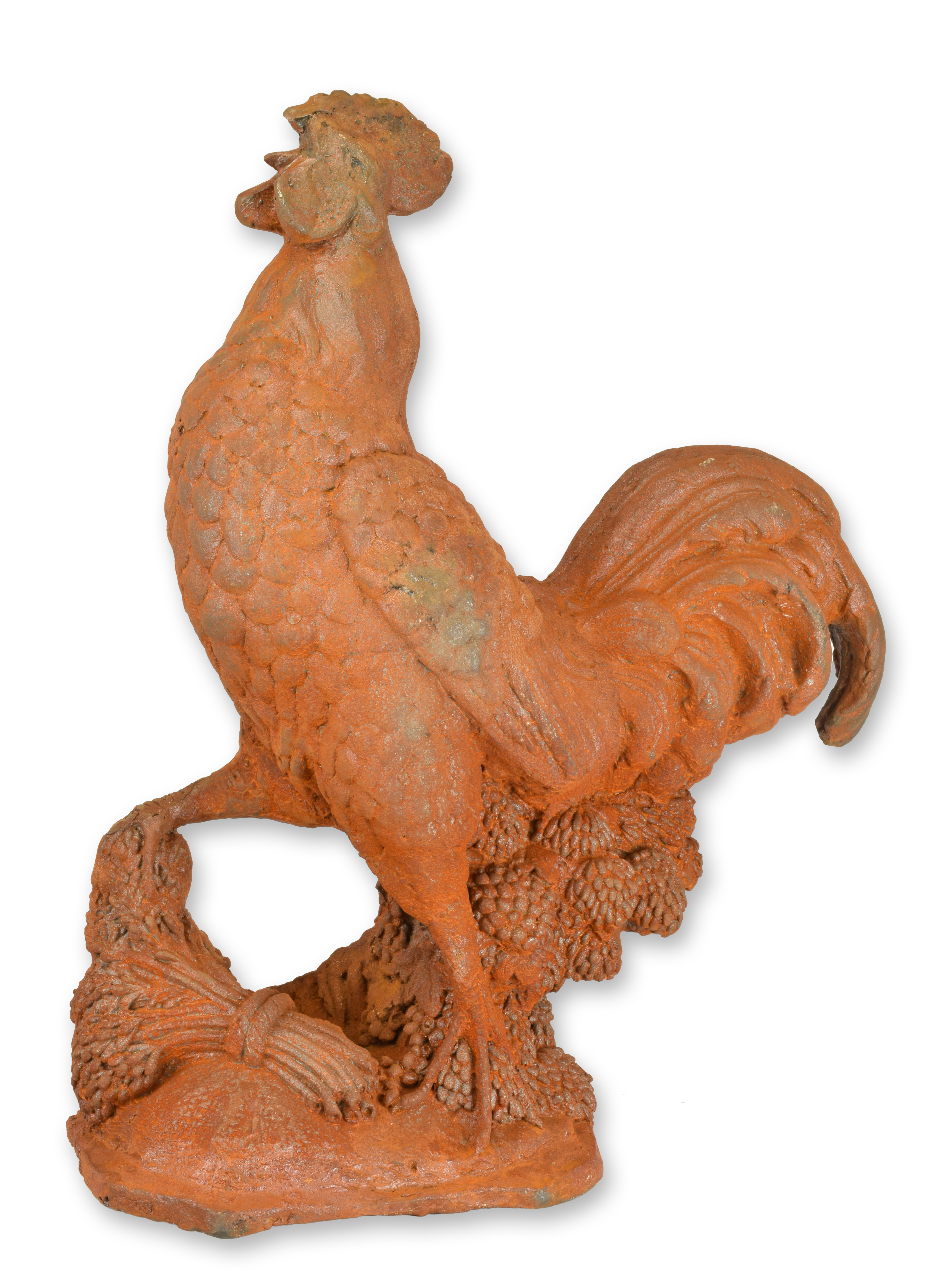 Une figurine en fonte rouillée représentant un coq réplique design rétro décoration