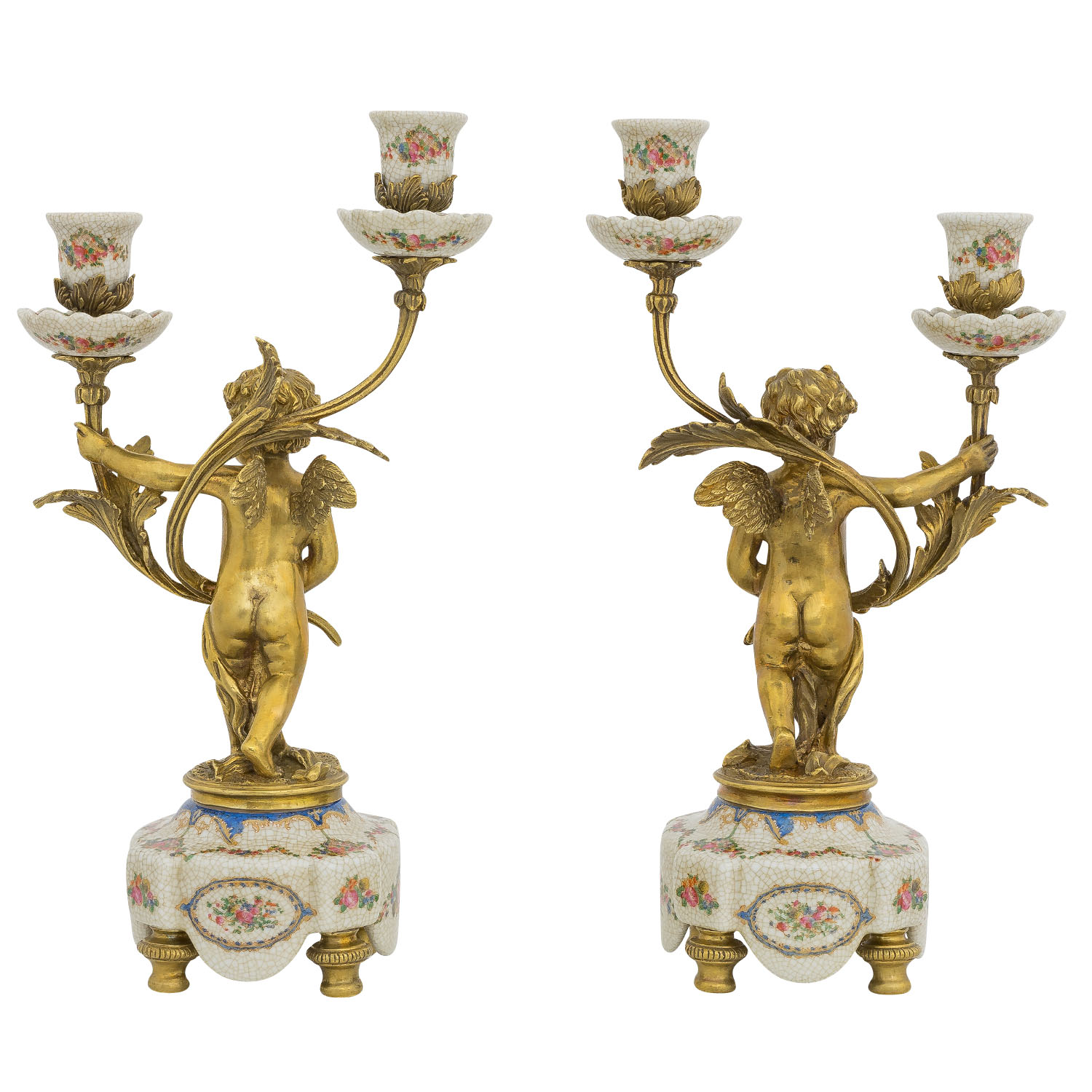PT-198-4 Set 2-teilig Kerzenständer Porzellan Messing Engel Skulptur Antik-Stil 39cm