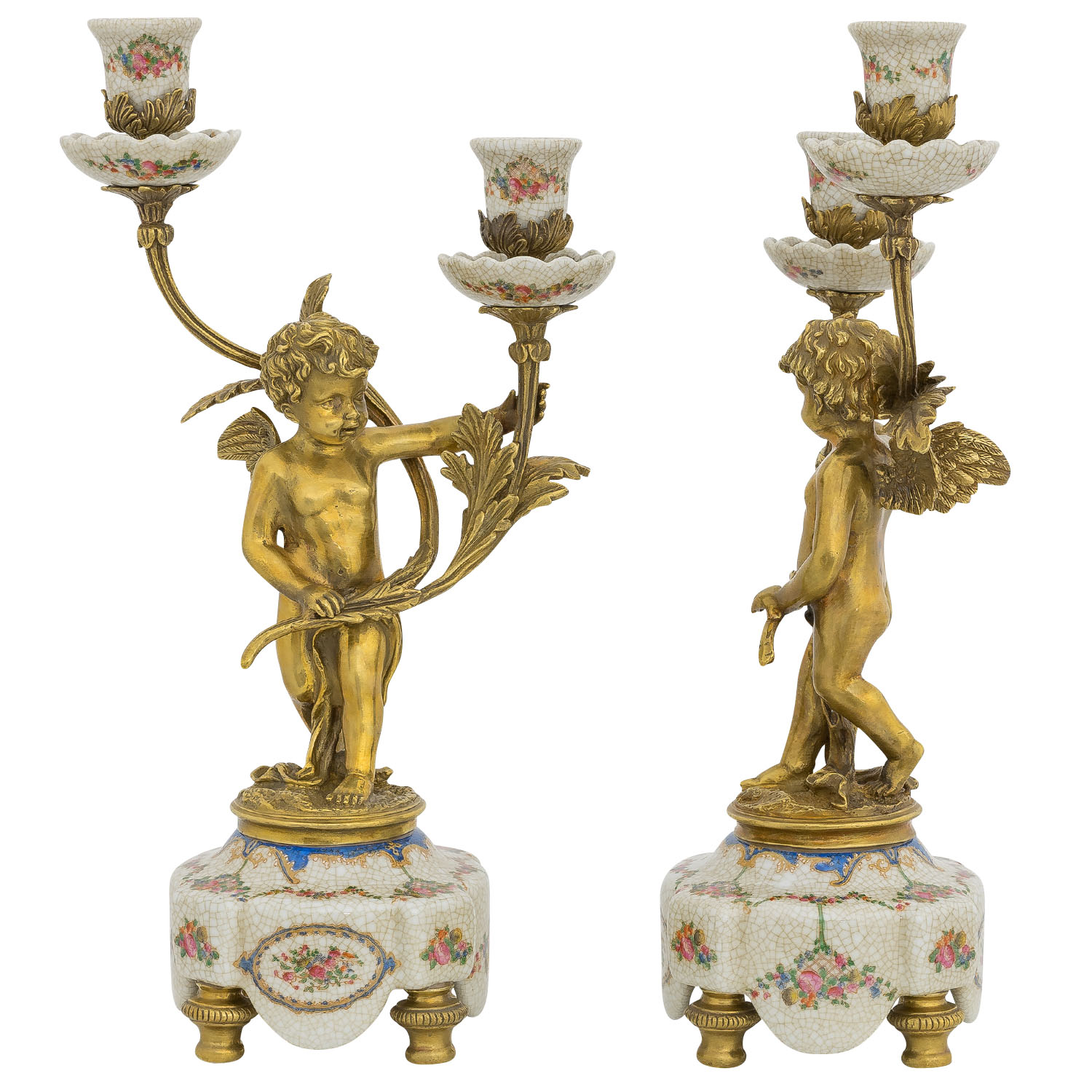 PT-198-3 Set 2-teilig Kerzenständer Porzellan Messing Engel Skulptur Antik-Stil 39cm